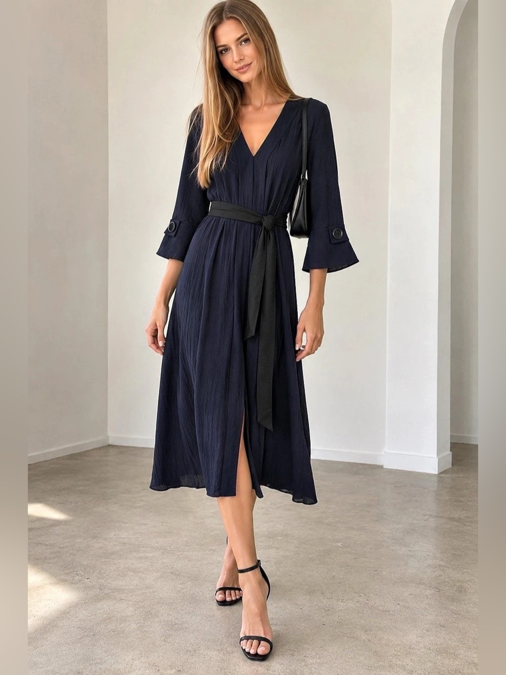 Zara Basic Navy Blue V-Neck Belted Midi Dress Flare Sleeve